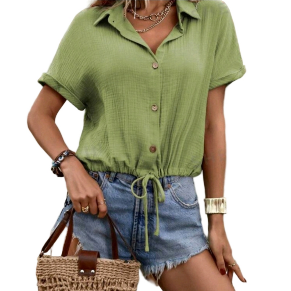 4 Pc Outfit Green Womens Top with Jewelry Necklace Tassel Earrings Avocado - Picture 3 of 11